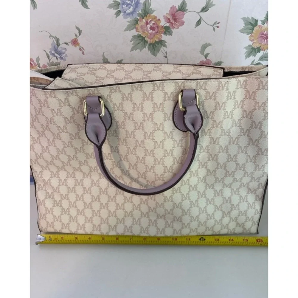 Mia K Farrow Collection Monogram Tote Bag Cream Lavender Purple Tan M Logo Large